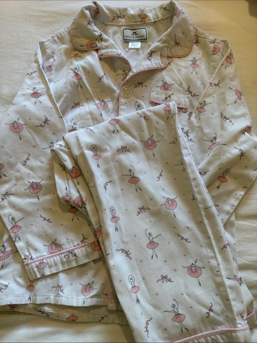 Petite Plume Girls' Cream and Pink Ballerina Cotton Pajama Set